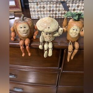 Vintage Anthropomorphic Whimsical Trio Pumpkin, Mushroom & Carrot Shelf Sitters
